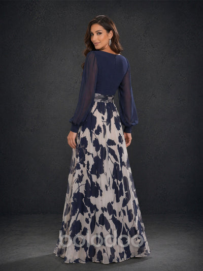 BOLODOO BD0403 navy floral chiffon gown – second front view highlighting empire waist flower belt and A-line floral skirt | BOLODOO watermark