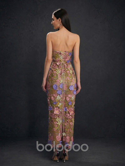 BOLODOO BD0404 champagne 3D floral lace midi dress – back view showing fully open backless design with lace-up ribbon closure and back slit | BOLODOO watermark