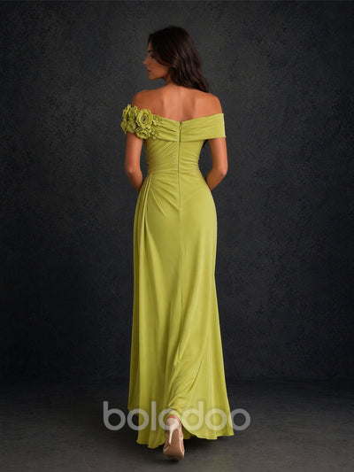 BOLODOO BD0406 chartreuse chiffon off-shoulder gown – back view showing low open back with center back zipper and flowing A-line skirt | BOLODOO watermark