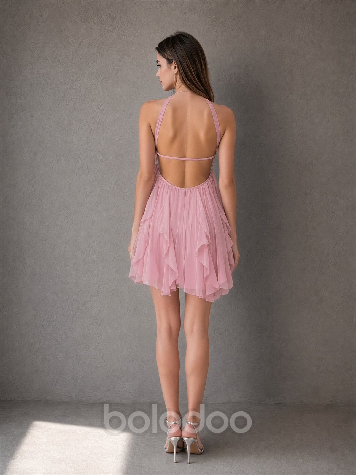 BOLODOO dusty pink halter open back mini dress full length front view with cascading chiffon ruffles | BOLODOO watermark