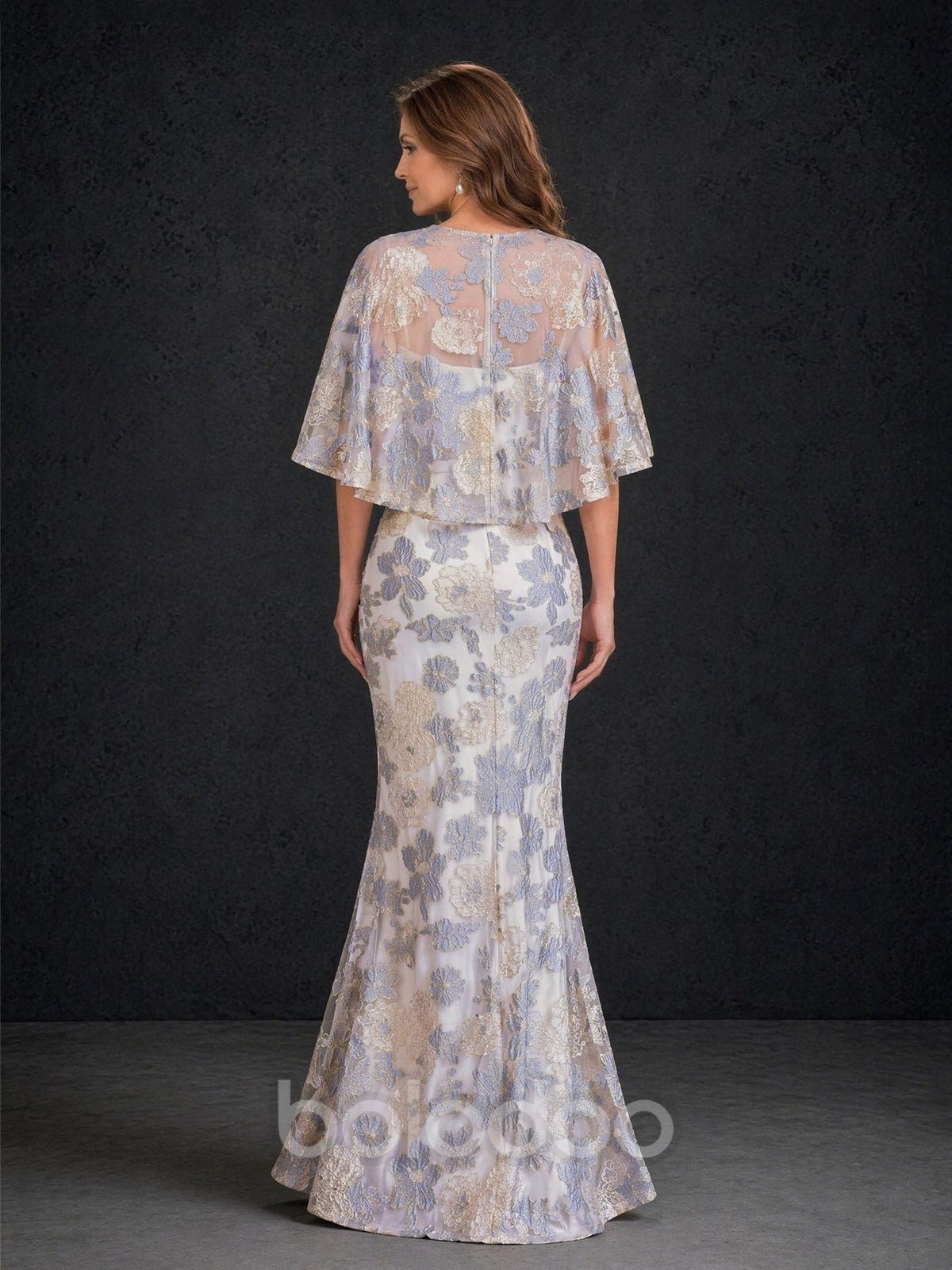 BOLODOO champagne floral embroidered lace mermaid dress with cape sleeve front view looking down showing lace detail and floor length hem | BOLODOO watermark