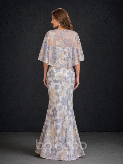 BOLODOO champagne floral embroidered lace mermaid dress with cape sleeve front view looking down showing lace detail and floor length hem | BOLODOO watermark