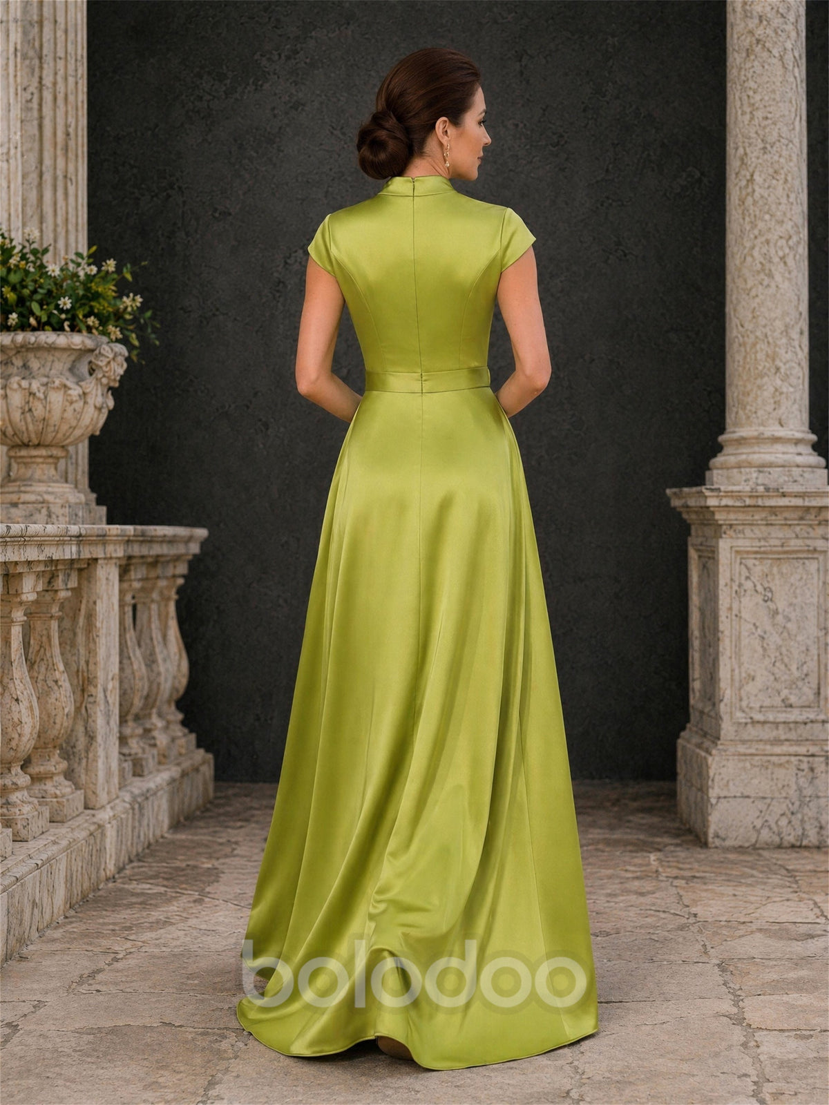 BOLODOO chartreuse satin gown with detachable A-line overskirt and floral sequin underdress – back full length view showing zipper closure and sweep train | BOLODOO watermark