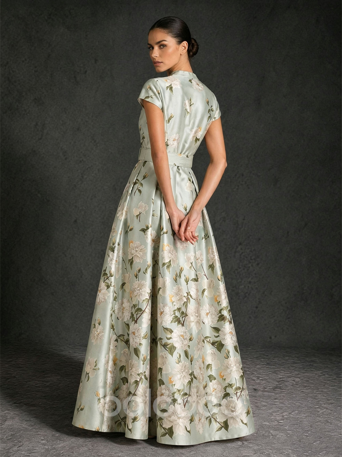 BOLODOO sage green floral jacquard cap sleeve A-line maxi gown with matching belt and mandarin collar – front full length view | BOLODOO watermark