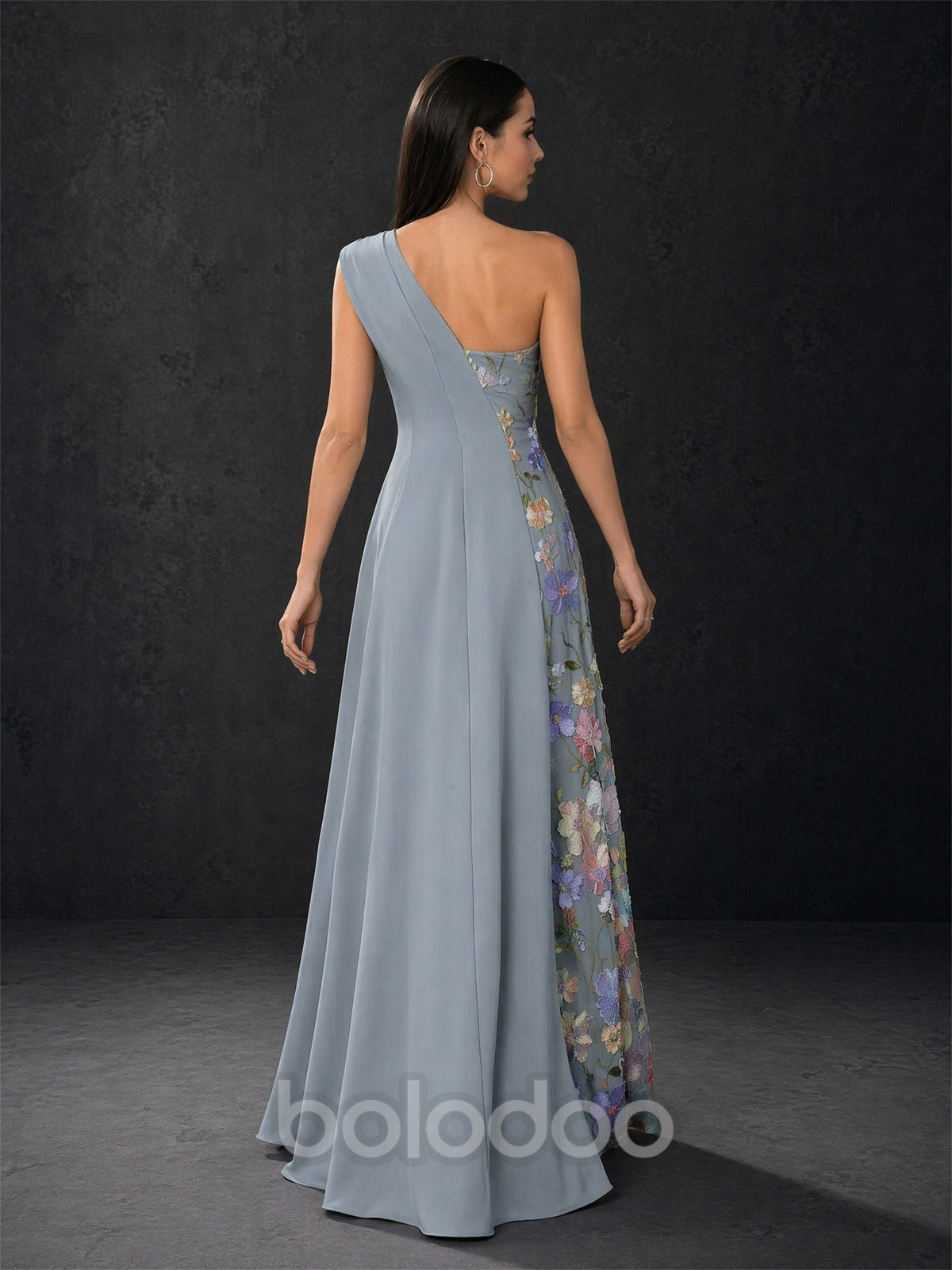 BOLODOO dusty blue one-shoulder 3D floral appliqué tulle panel satin maxi gown – back full length view showing open back and floor length hem | BOLODOO watermark