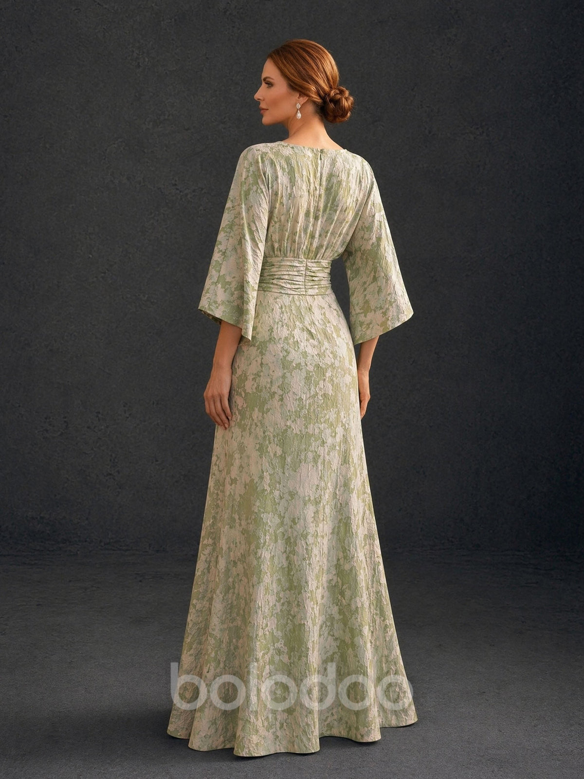 BOLODOO sage green champagne gold floral jacquard batwing sleeve A-line floor length formal gown – back full length view showing zipper closure and kimono sleeve drape | BOLODOO watermark
