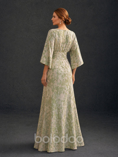 BOLODOO sage green champagne gold floral jacquard batwing sleeve A-line floor length formal gown – back full length view showing zipper closure and kimono sleeve drape | BOLODOO watermark
