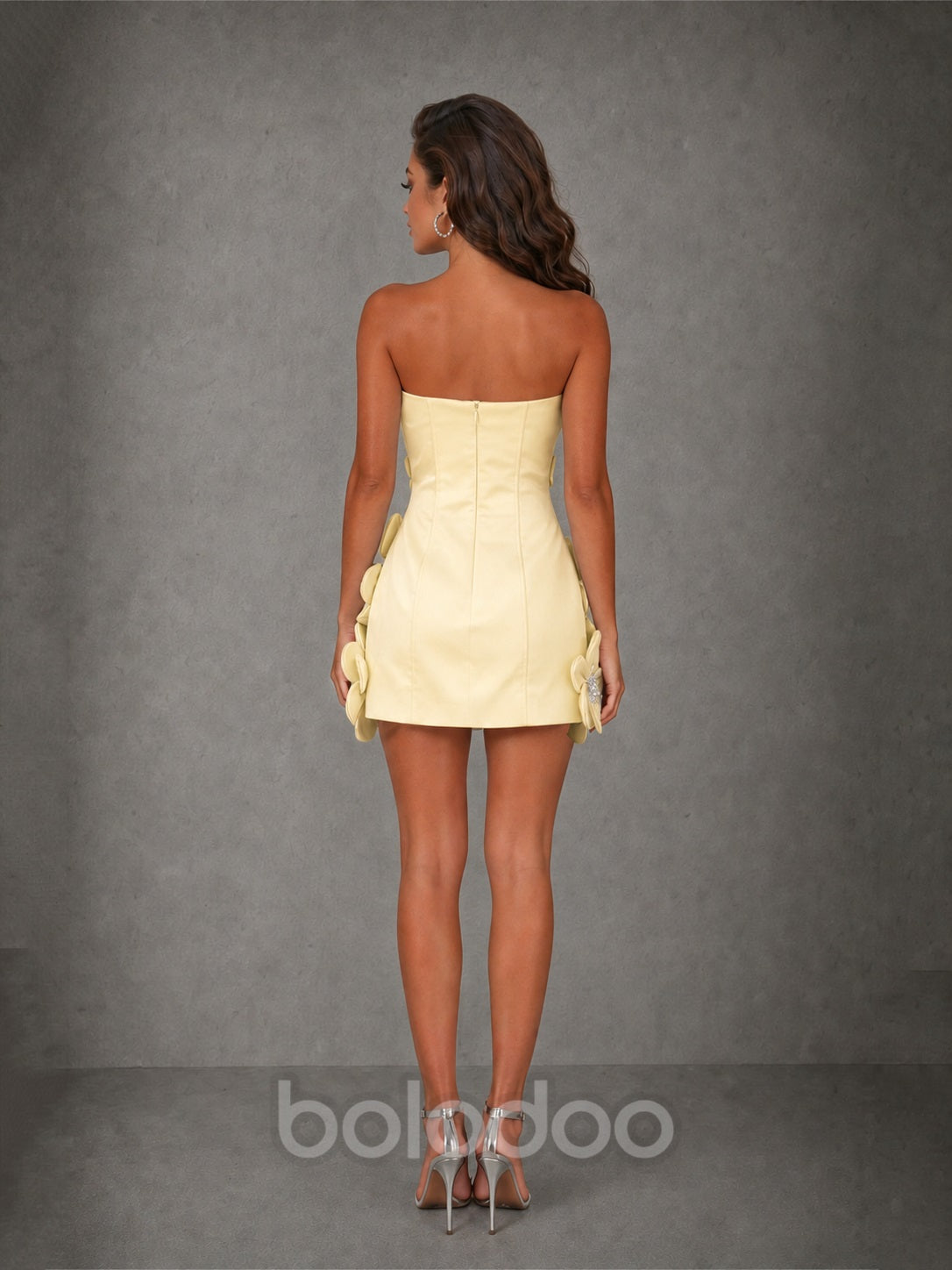 BOLODOO Light Yellow 3D Floral Strapless Mini Dress with Crystal Embellishments - view 2 | BOLODOO watermark