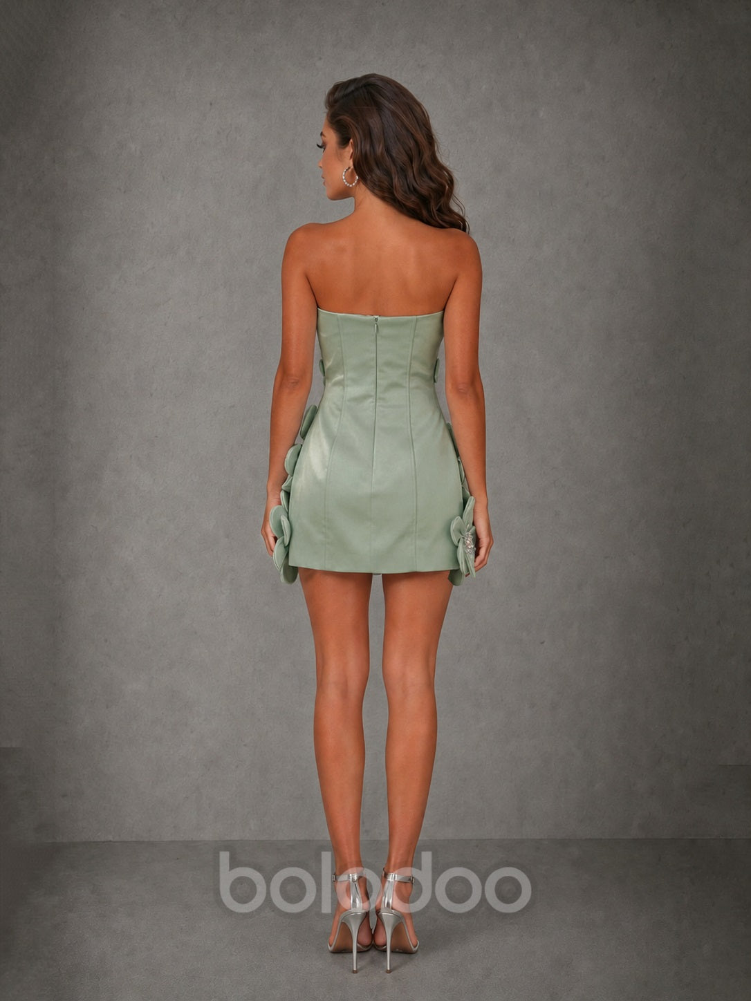 BOLODOO Sage Green 3D Floral Strapless Mini Dress with Crystal Embellishments - view 2 | BOLODOO watermark