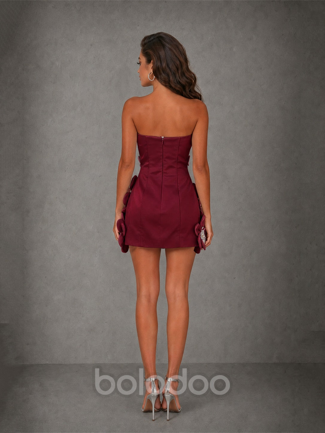 BOLODOO Burgundy 3D Floral Strapless Mini Dress with Crystal Embellishments - view 2 | BOLODOO watermark