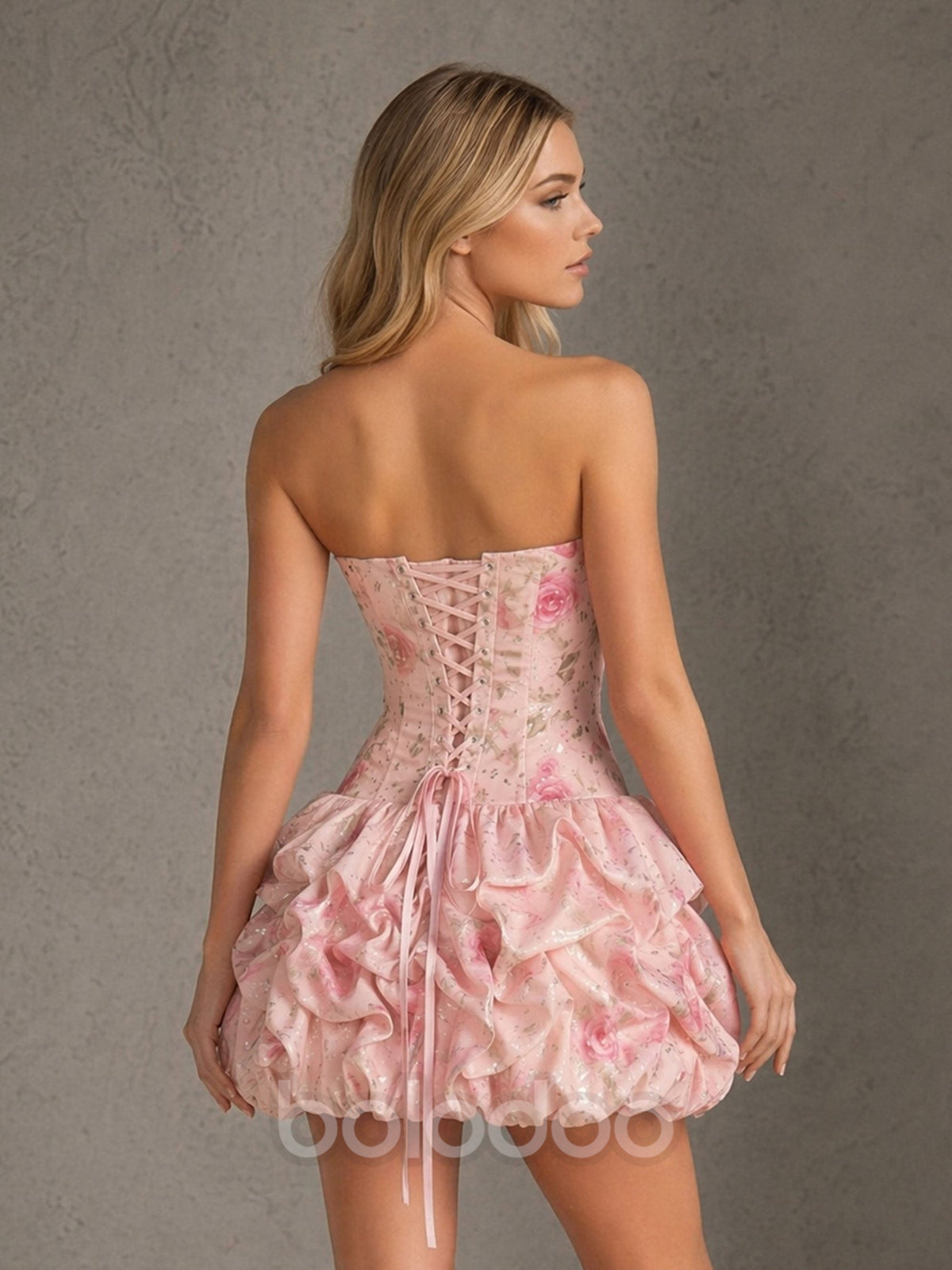 BOLODOO blush pink 3D rose glitter organza strapless corset bubble mini dress – back half view close-up showing lace-up corset back detail and glitter organza skirt | BOLODOO watermark