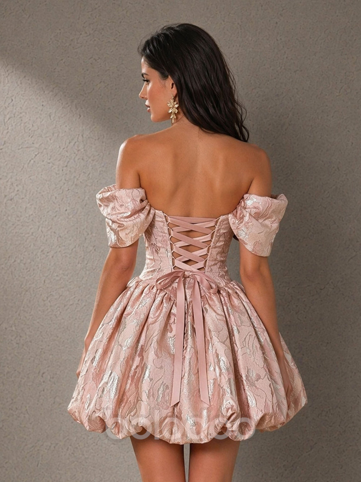 BOLODOO blush rose gold metallic jacquard off-shoulder sweetheart puff sleeve corset bubble mini dress with 3D flower corsage – front full length alternative view showing full bubble skirt volume | BOLODOO watermark