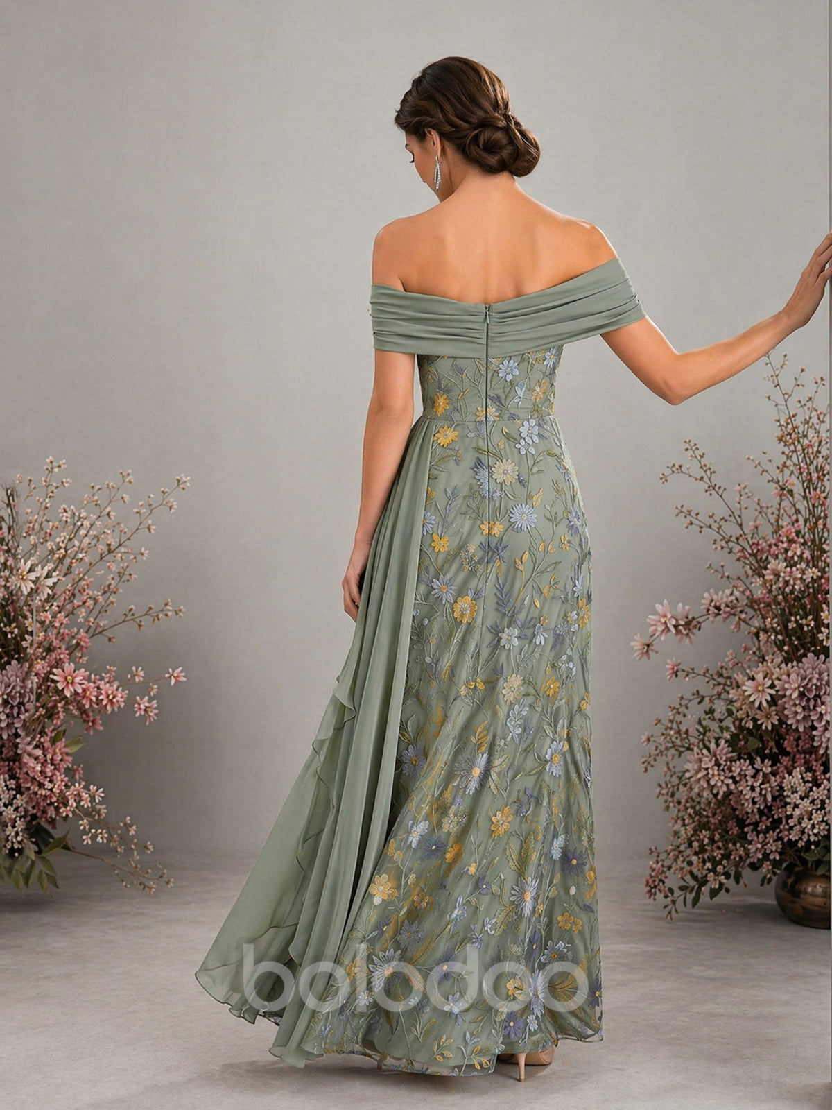 BOLODOO sage green floral embroidered gown – front view showing cascade side ruffle | BOLODOO watermark
