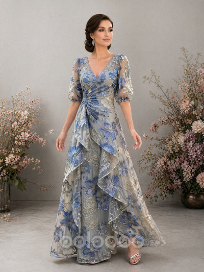 BOLODOO dusty blue floral embroidered gown – V-neck wrap bodice and puff sleeve close-up detail | BOLODOO watermark