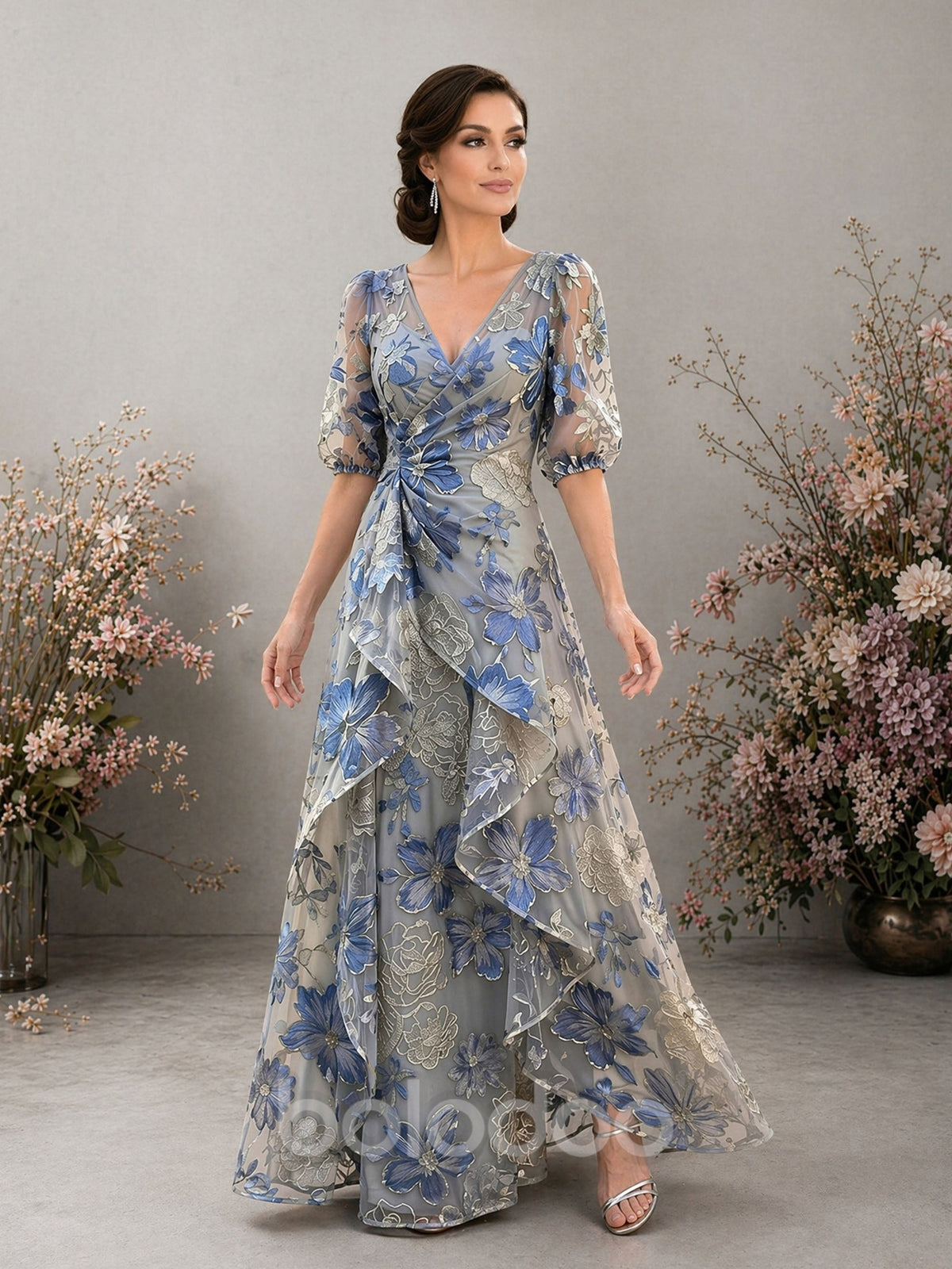 BOLODOO dusty blue floral embroidered gown – V-neck wrap bodice and puff sleeve close-up detail | BOLODOO watermark