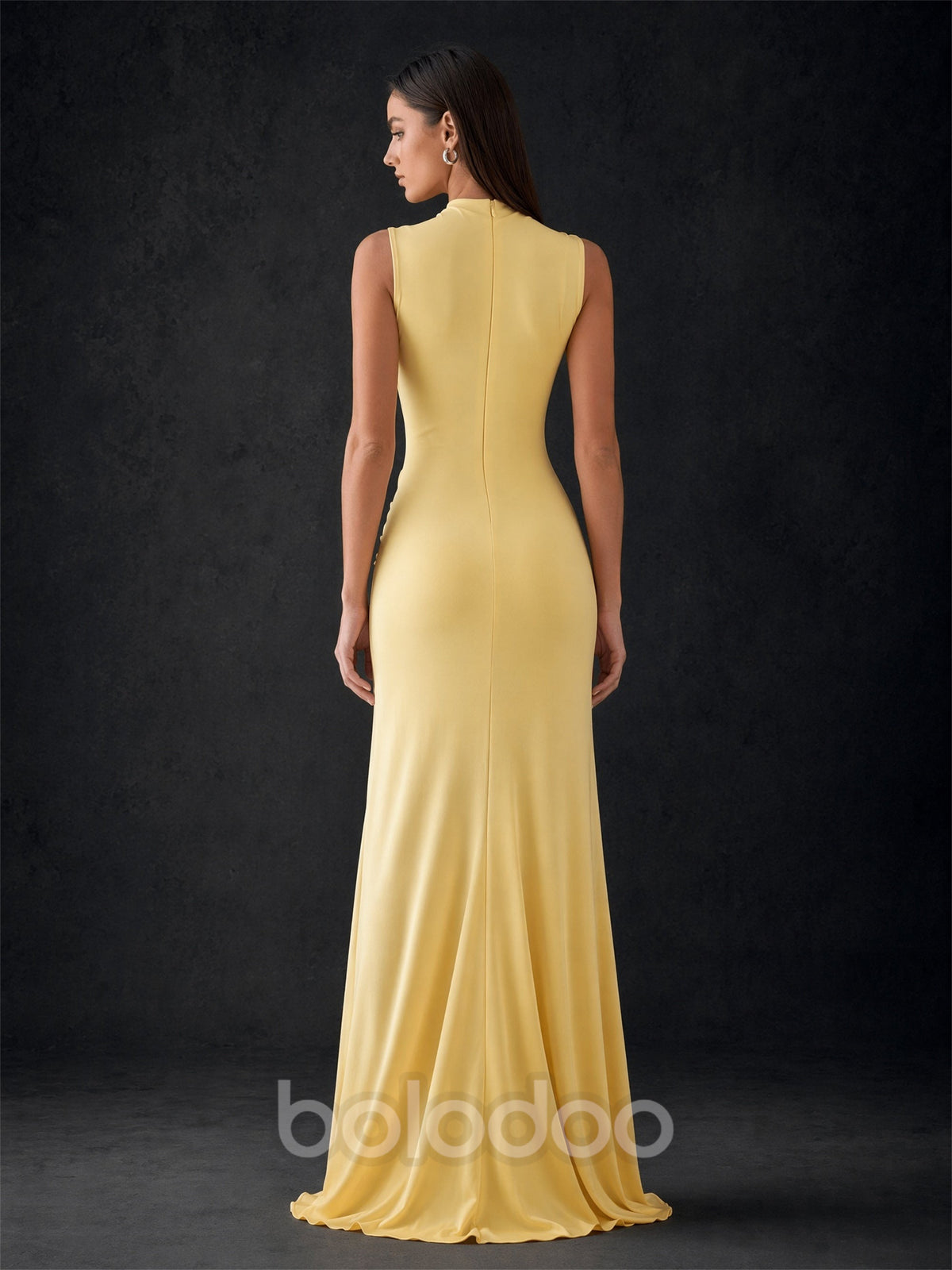 BOLODOO pale yellow high neck ruched satin gown – bodice and mock neckline close-up detail | BOLODOO watermark