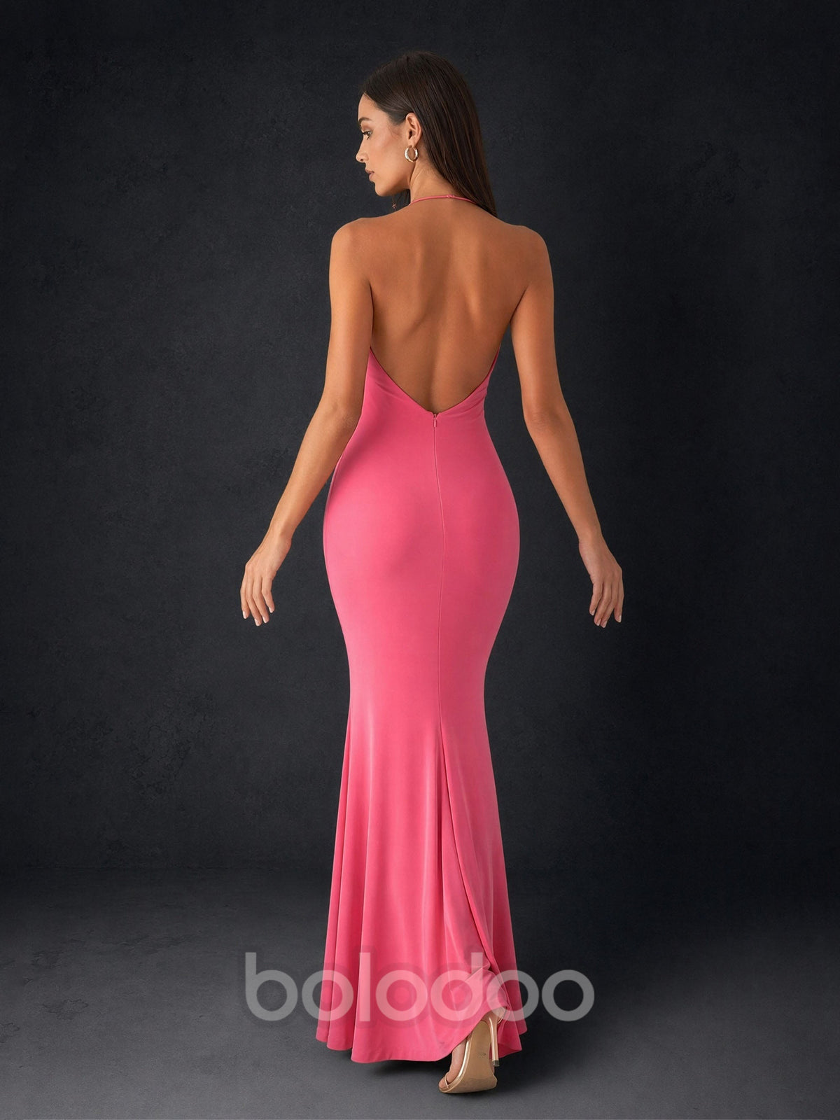 BOLODOO hot pink halter cowl drape gown – draped bodice and neckline close-up detail | BOLODOO watermark
