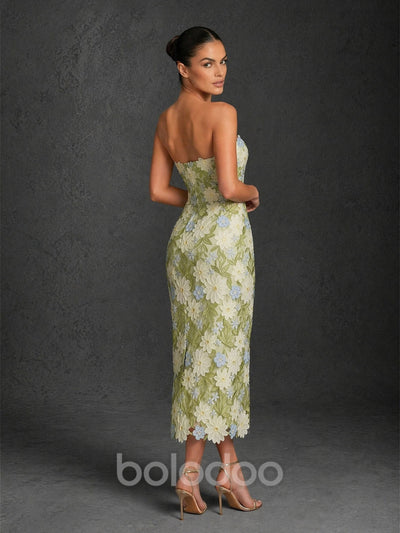 BOLODOO sage green 3D floral applique midi dress – back view with covered back and zipper closure | BOLODOO watermark
