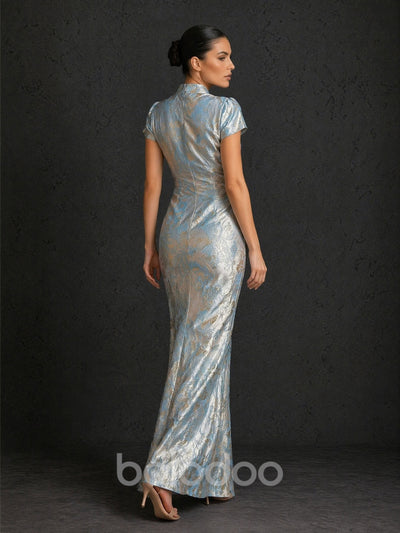 BOLODOO silver blue metallic jacquard gown – mandarin collar V-neck wrap bodice and cap sleeve close-up detail | BOLODOO watermark