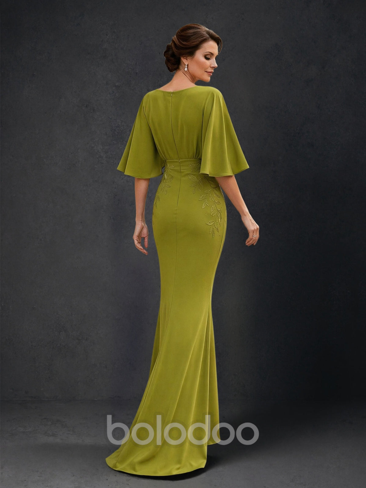 BOLODOO olive green mermaid gown – back view with covered back and cape sleeves | BOLODOO watermark