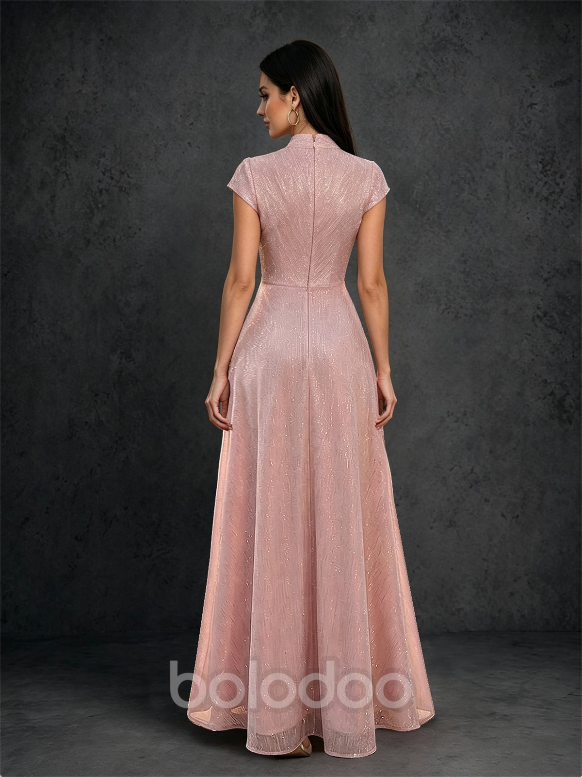 BOLODOO dusty rose glitter shimmer gown – V-neck mandarin collar cap sleeve bodice and cascade ruffle detail | BOLODOO watermark