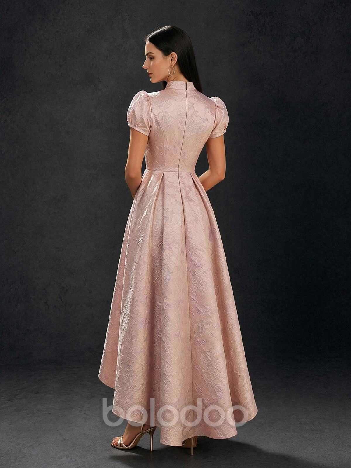 BOLODOO rose pink floral jacquard gown – back view with mandarin collar, covered back and zipper closure | BOLODOO watermark