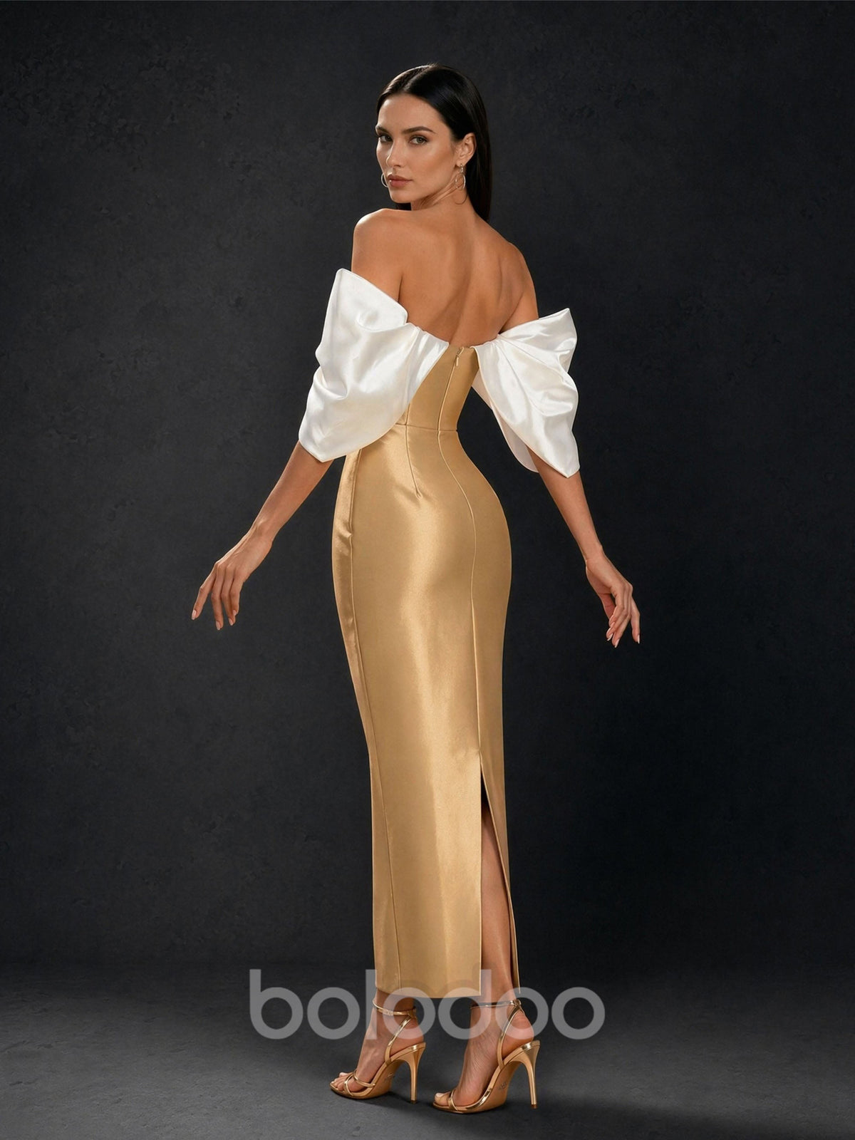 BOLODOO gold satin column dress – back view showing open back and back slit | BOLODOO watermark