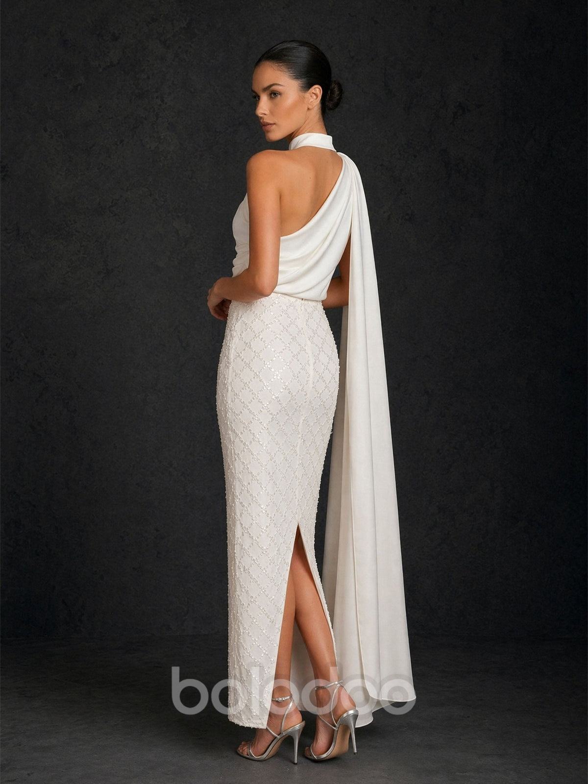 BOLODOO ivory high neck cape gown – draped satin bodice and cape sleeve close-up detail | BOLODOO watermark