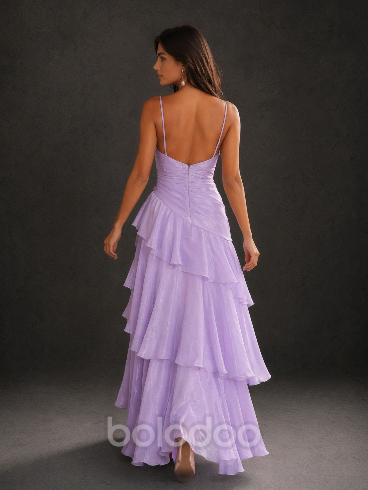 BOLODOO lavender spaghetti strap ruched tiered ruffle chiffon backless A-line maxi dress – front full length view | BOLODOO watermark