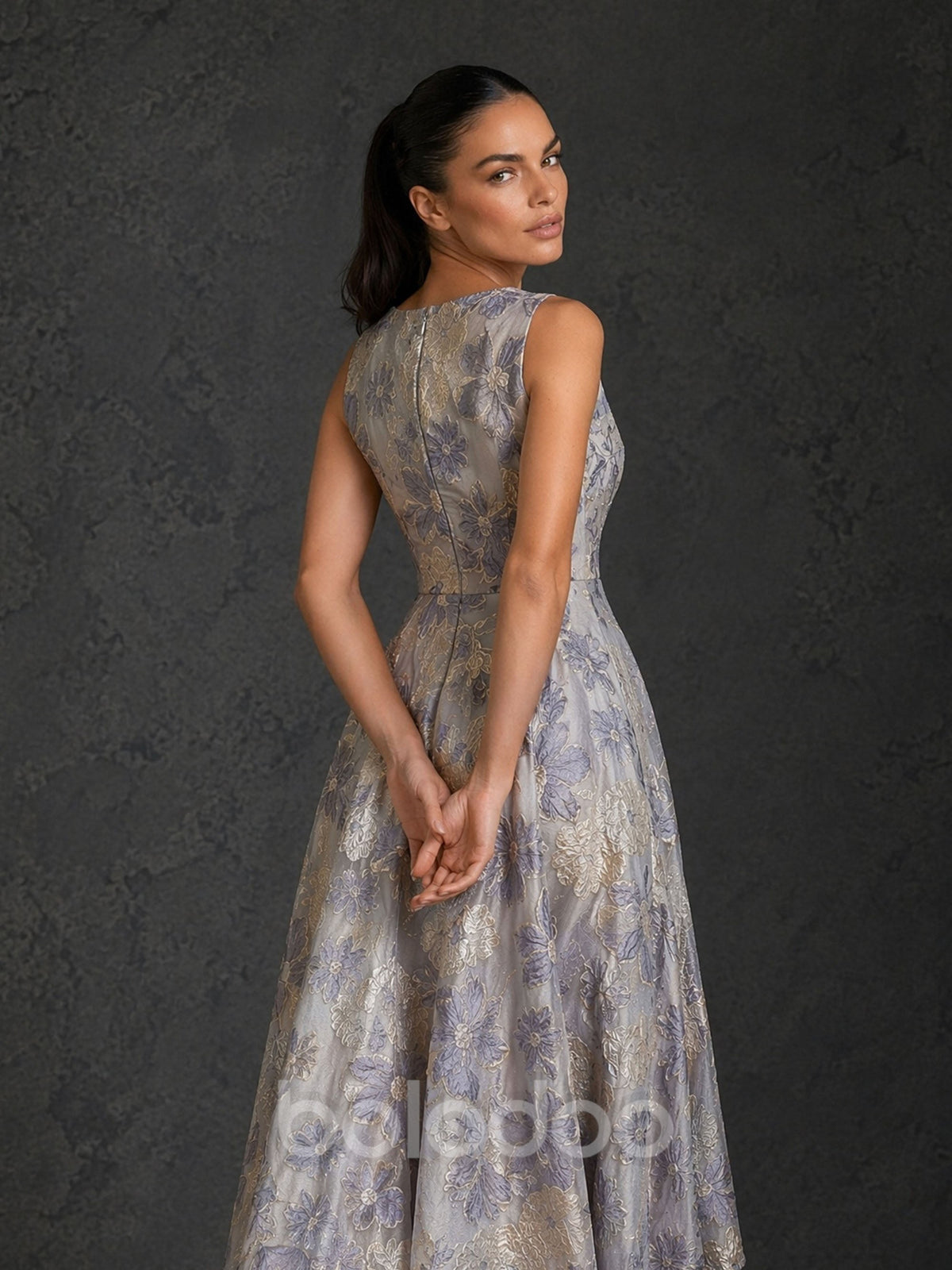 BOLODOO BD0478 blue lavender floral jacquard high-low gown – front view second angle | BOLODOO watermark