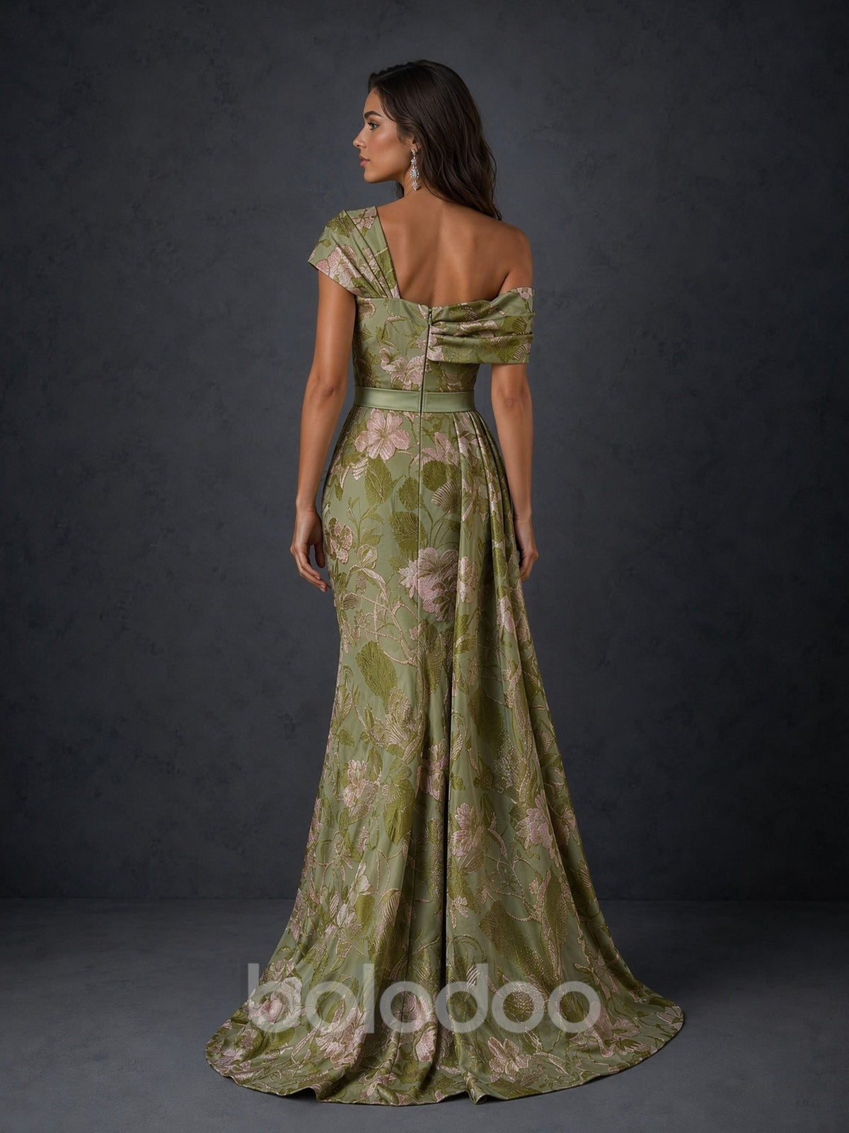 BOLODOO BD0479 olive green one-shoulder draped floral jacquard mermaid gown – front view full length | BOLODOO watermark
