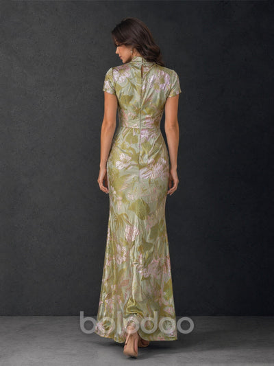 BOLODOO BD0481 gold olive metallic floral jacquard gown – upper body detail showing mandarin V-wrap neckline and fabric shimmer | BOLODOO watermark