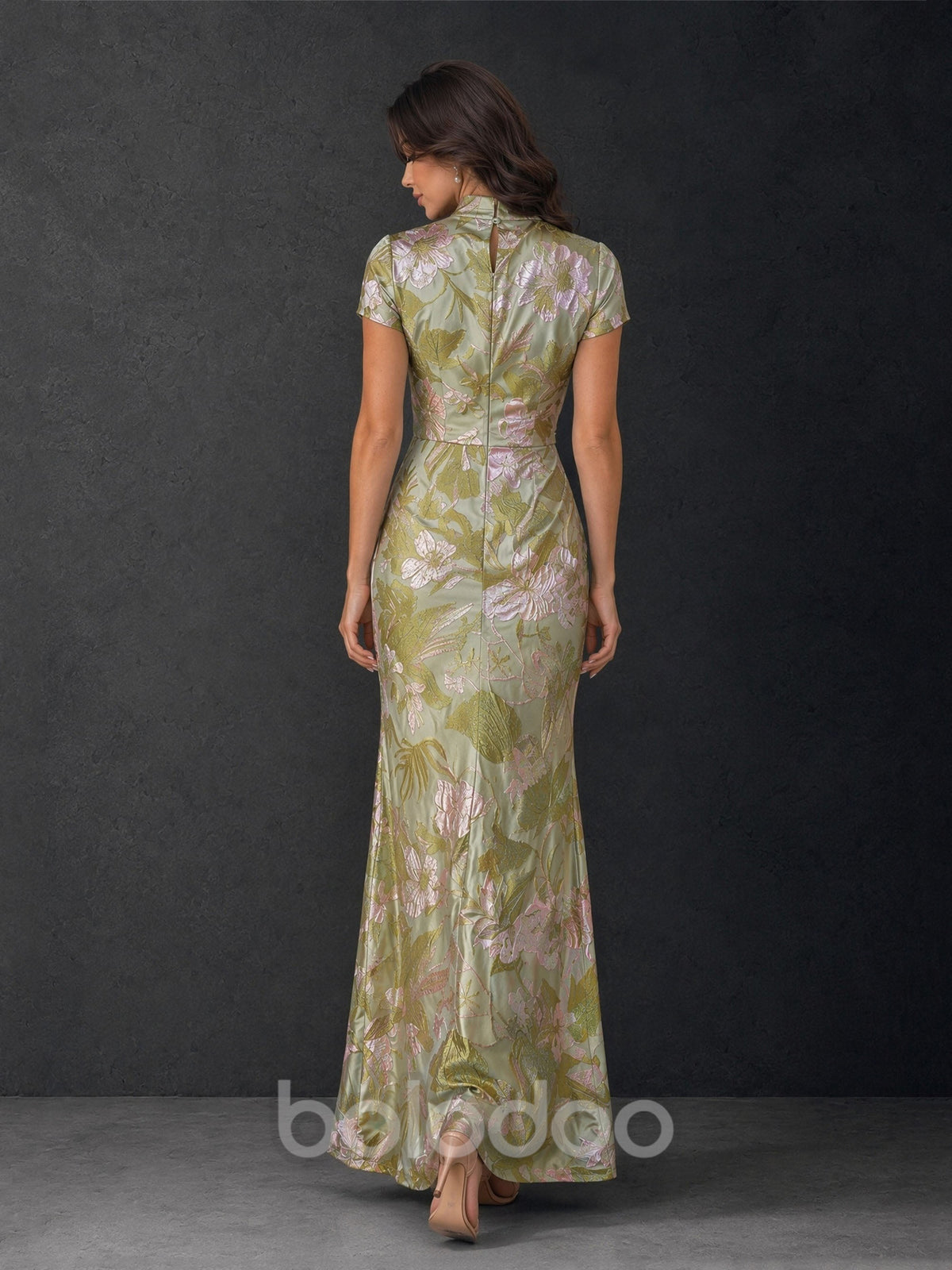 BOLODOO BD0481 gold olive metallic floral jacquard gown – upper body detail showing mandarin V-wrap neckline and fabric shimmer | BOLODOO watermark