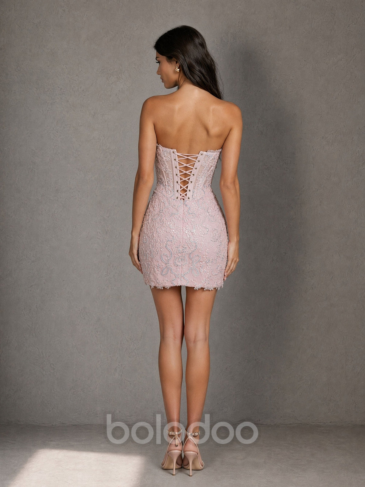 BOLODOO BD0487 Blush Pink Lace Sheer Corset Mini Dress - Front Full Length Walking Pose with Gold Heels | BOLODOO watermark