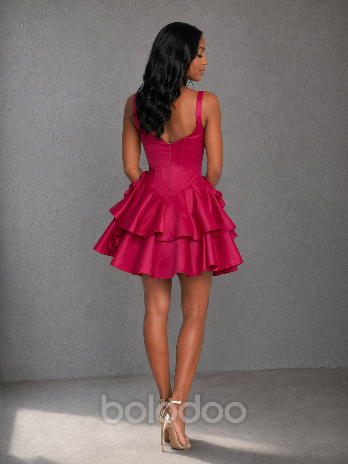 BOLODOO BD0489 Magenta 3D Rose Tiered Satin Mini Dress - Front Three-Quarter Pose Showing Rose Detail | BOLODOO watermark