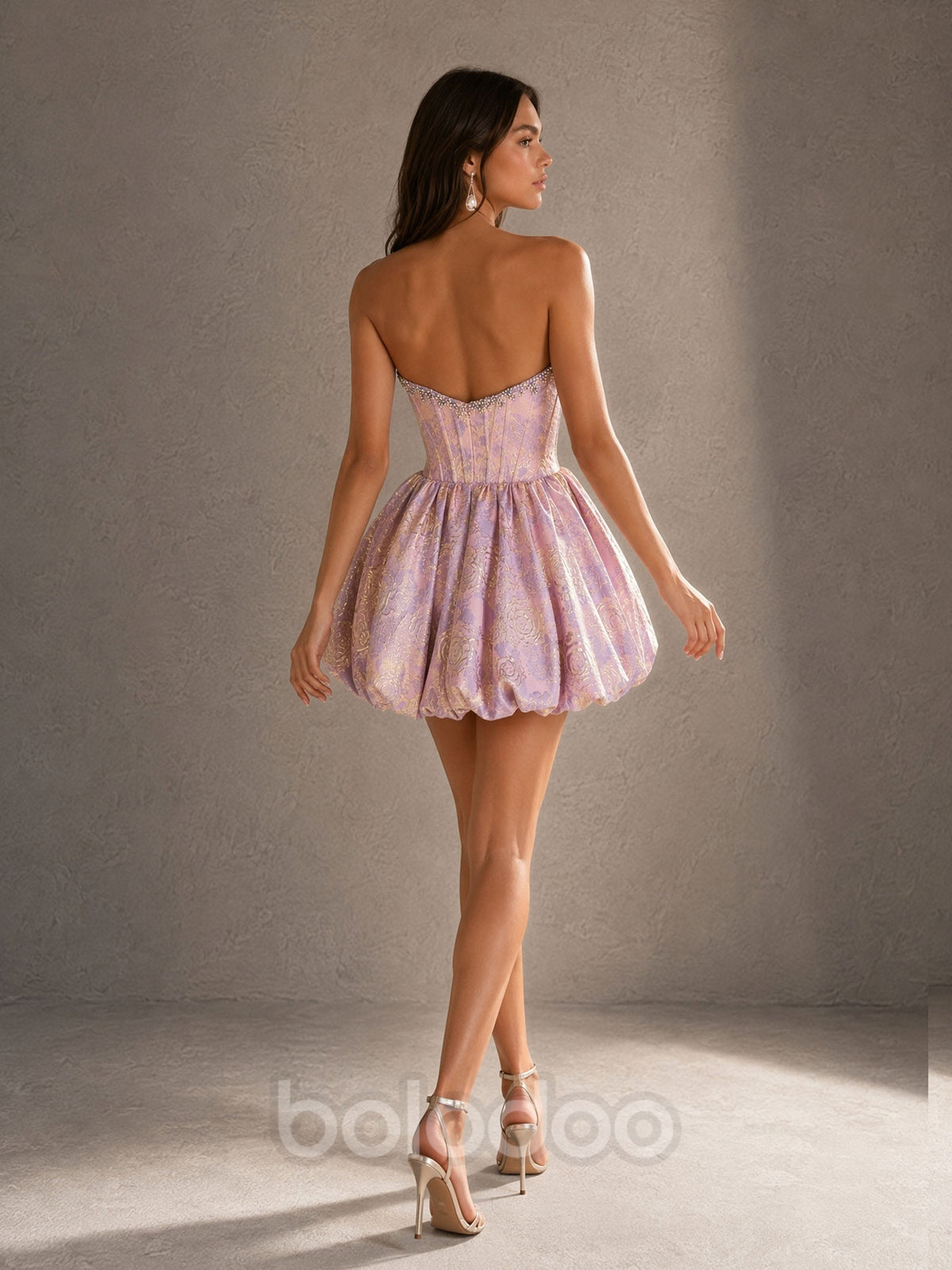 BOLODOO BD0490 Lilac Rose Gold Jacquard Bubble Mini Dress - Back Open Back Full Length View with Gold Heels | BOLODOO watermark