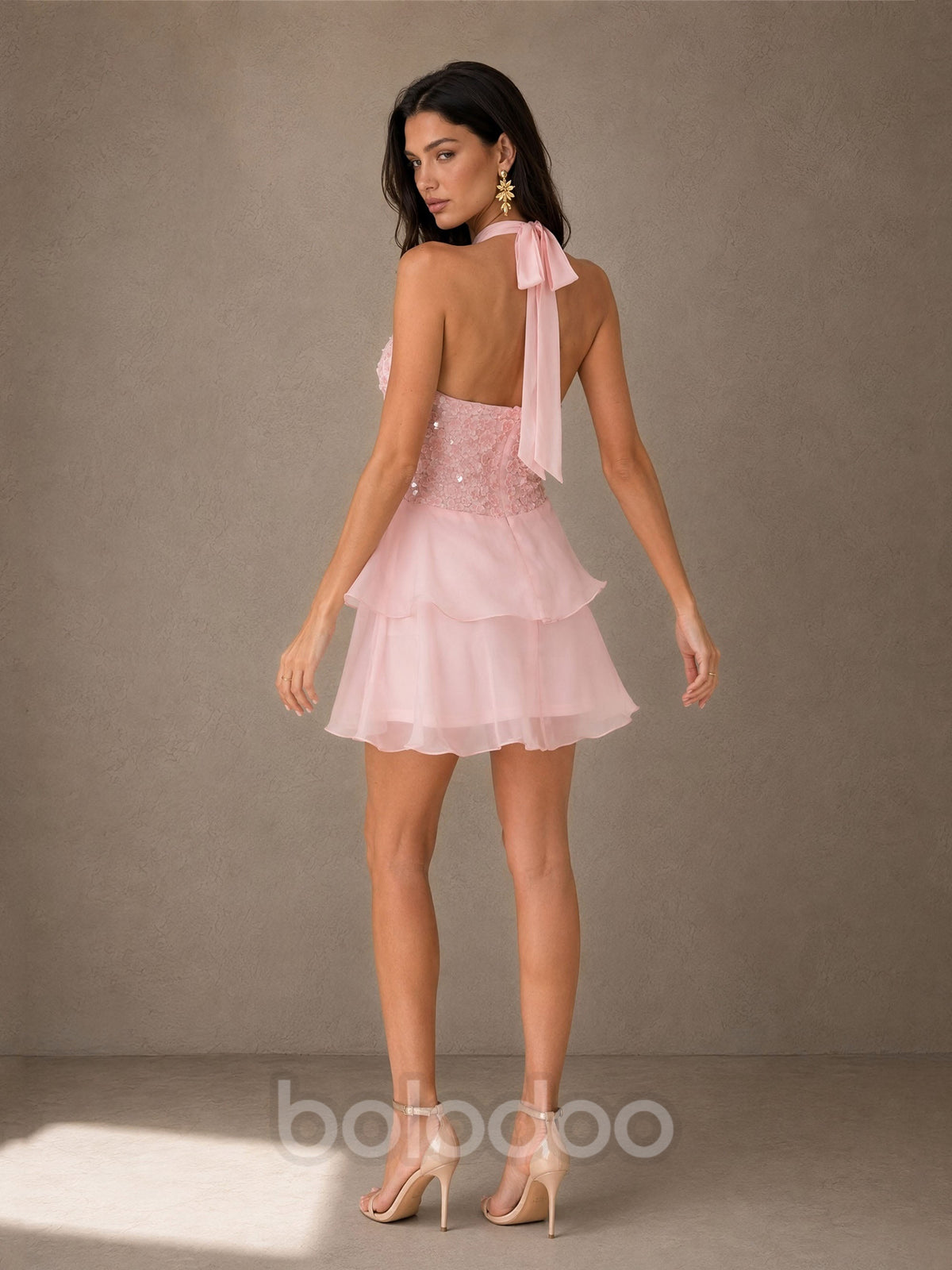 BOLODOO BD0499 Blush Pink 3D Floral Sequin Halter Chiffon Mini Dress - Front Full Length Walking Pose with Nude Heels | BOLODOO watermark