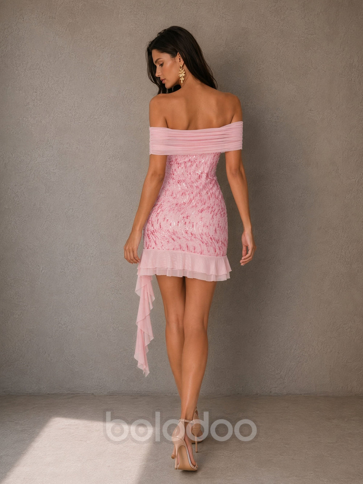 BOLODOO BD0501 Pink Wave Sequin Off-Shoulder Bodycon Mini Dress - Front Full Length Side Glance Pose with Nude Heels | BOLODOO watermark