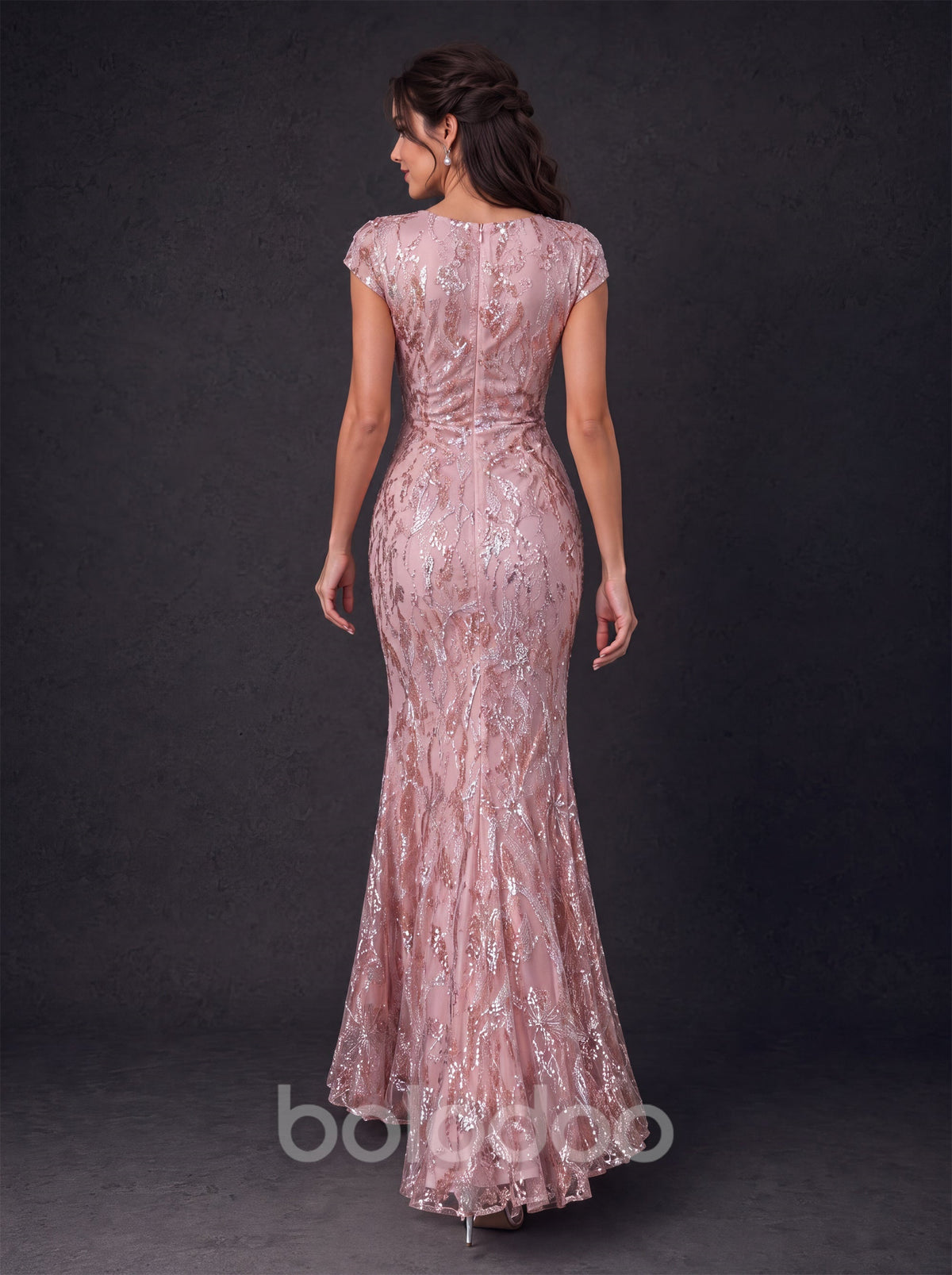 BOLODOO BD0502 dusty rose sequin mermaid evening gown – front view with 3D floral corsage | BOLODOO watermark