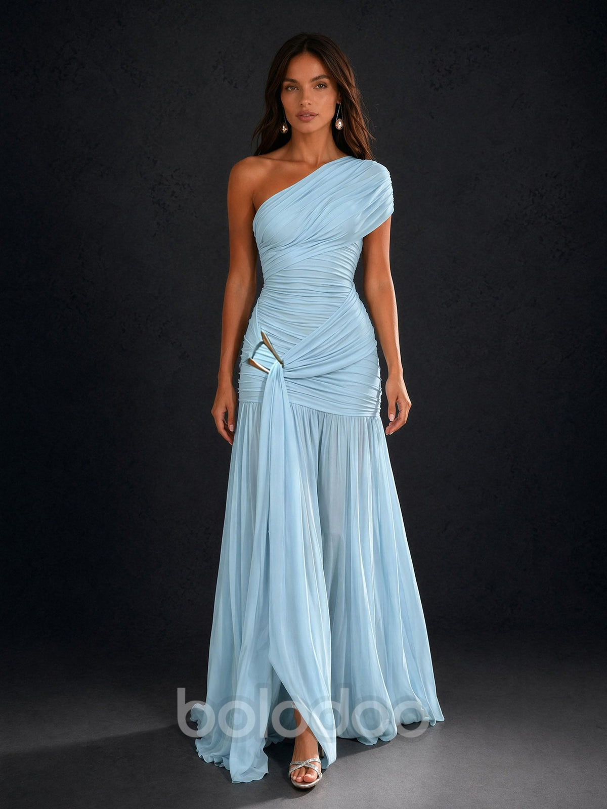 BOLODOO BD0504 ice blue ruched one-shoulder maxi gown – detail close-up of ruching texture and metal ring waist accent | BOLODOO watermark