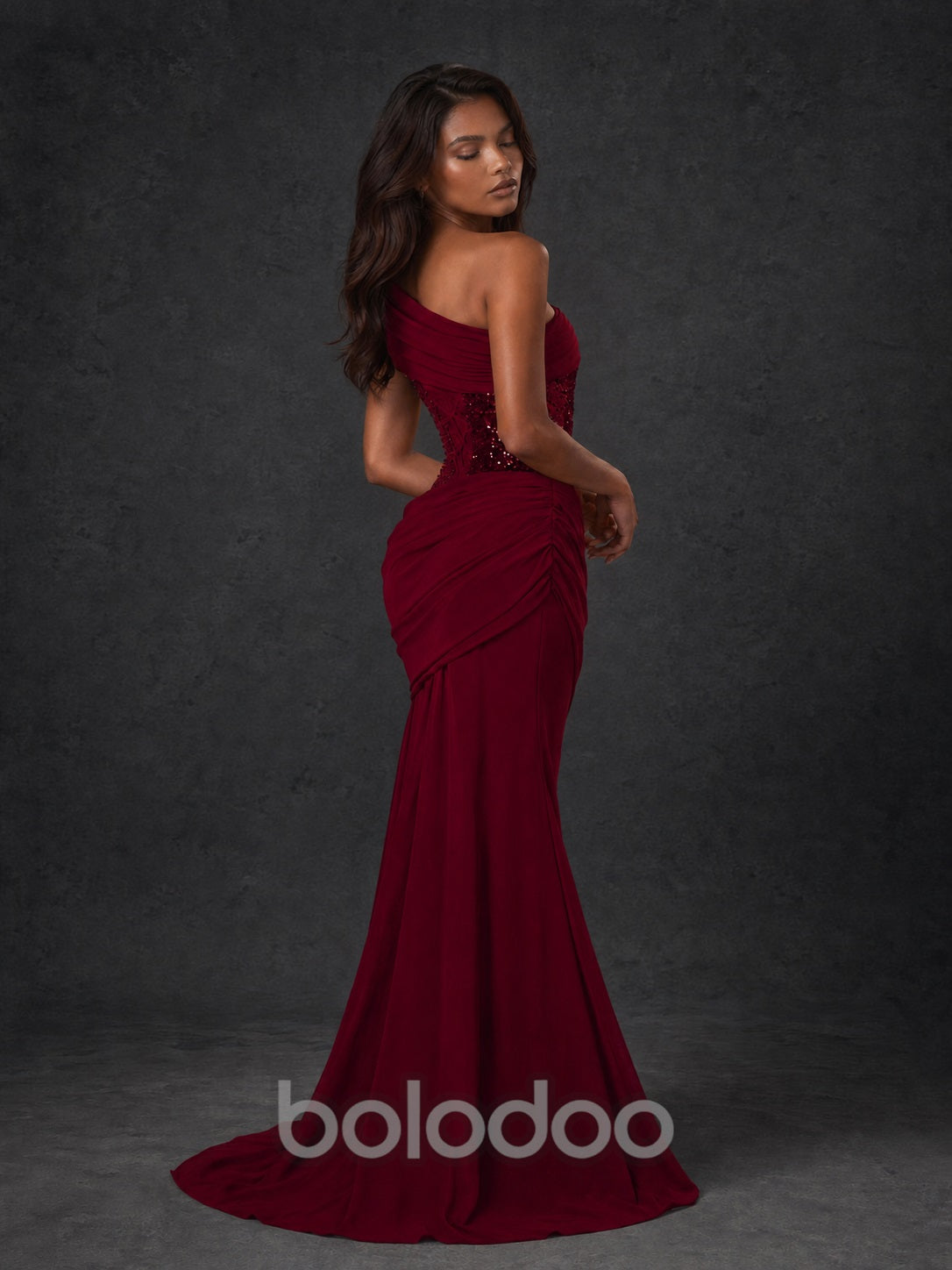 BOLODOO Burgundy One-Shoulder Sequin Embroidered Ruched Mermaid Gown with Train - view 2 | BOLODOO watermark