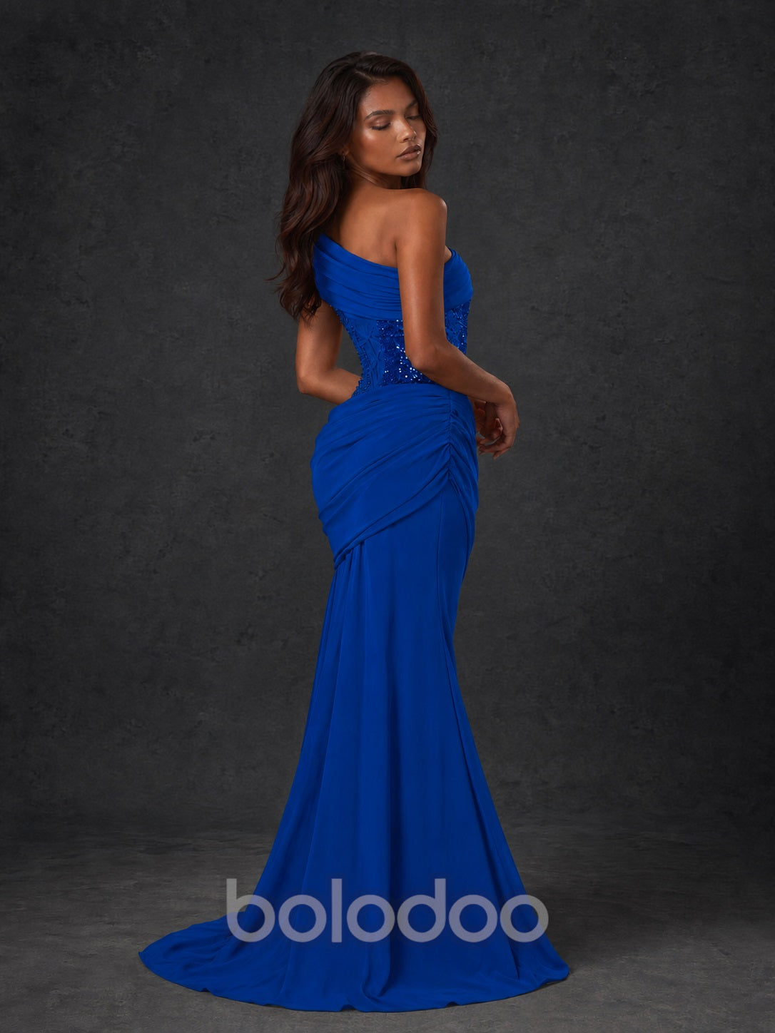 BOLODOO Cobalt Blue One-Shoulder Sequin Embroidered Ruched Mermaid Gown with Train - view 2 | BOLODOO watermark