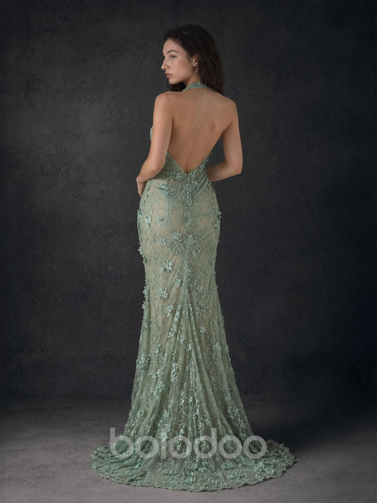 BOLODOO Sage Green 3D Floral Embroidered Lace Halter Deep V-Neck Mermaid Backless Slit Maxi Dress | BOLODOO watermark