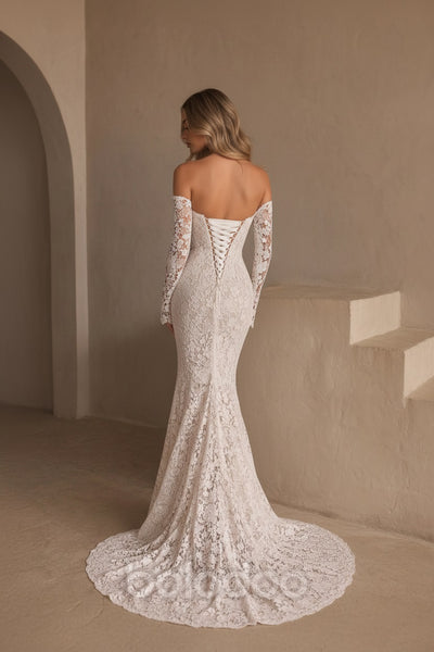 BOLODOO Ivory Off-Shoulder Long Sleeve All-Over Lace Mermaid Wedding Gown - back view showing lace-up corset detail and sweeping train | BOLODOO watermark
