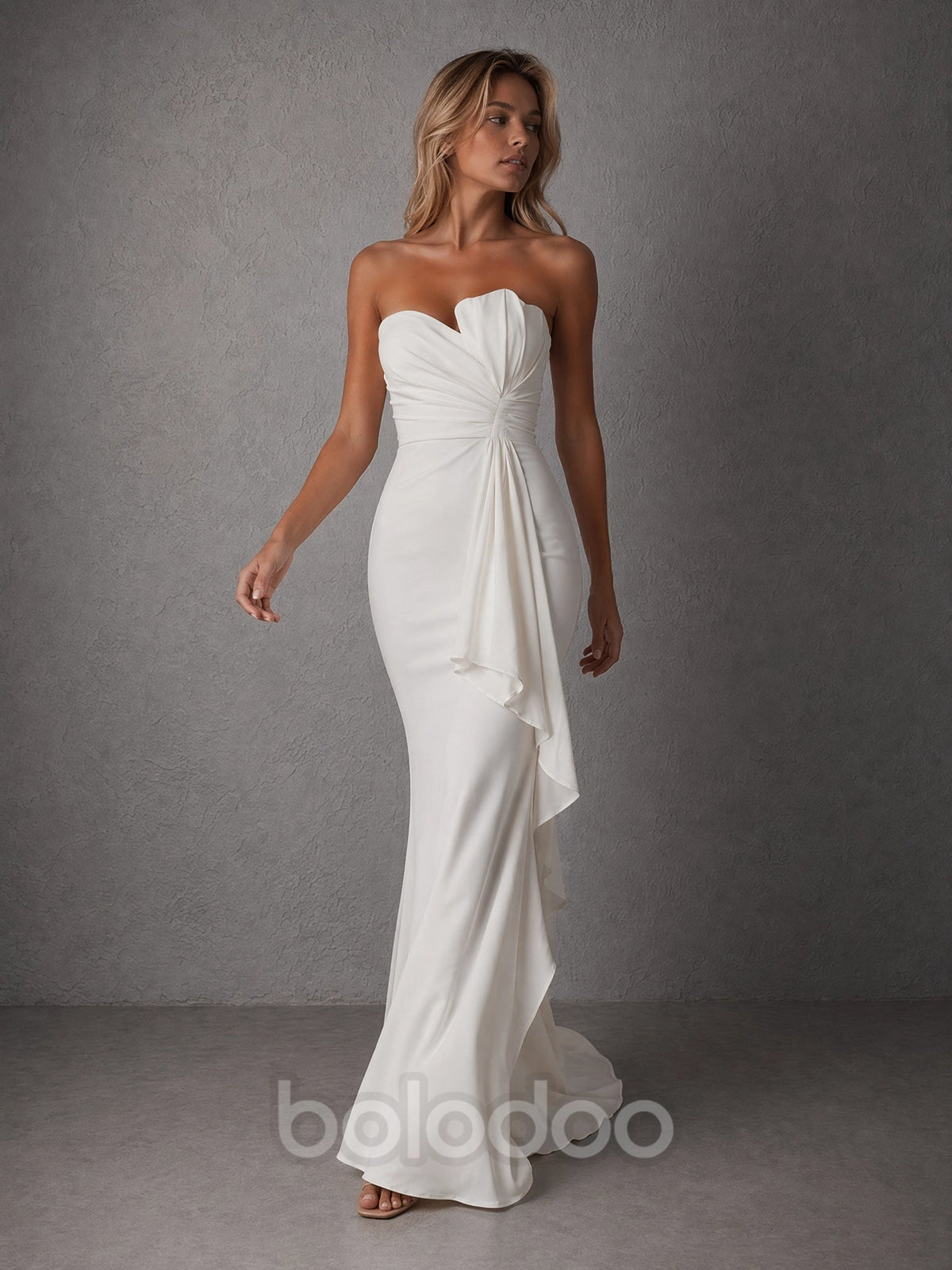 BOLODOO White Strapless Sweetheart Ruched Mermaid Gown evening gown | BOLODOO watermark