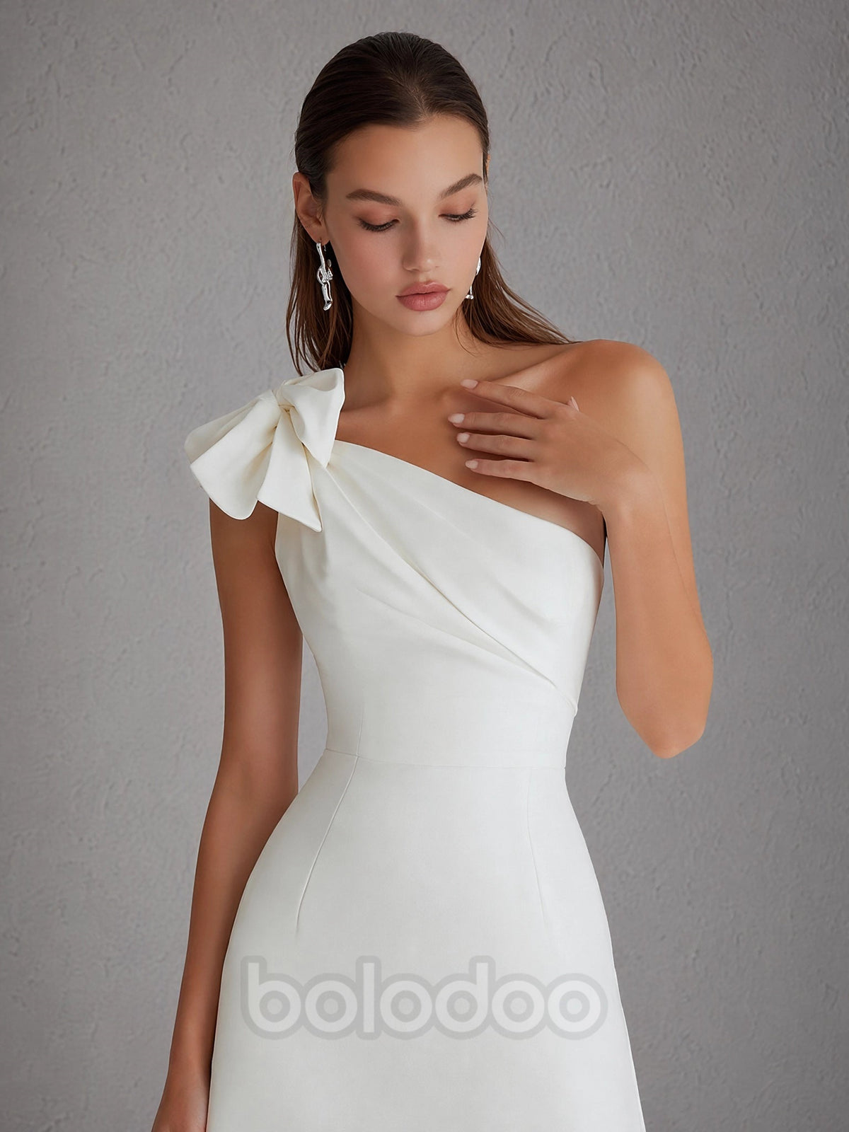 BOLODOO White One-Shoulder Bow Detail A-Line Mini Dress mini dress | BOLODOO watermark