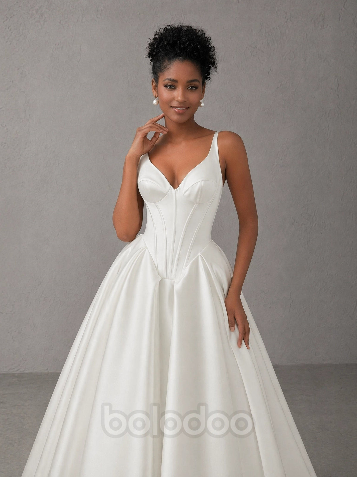 BOLODOO White Spaghetti Strap V-Neck Corset Ballgown Wedding Dress with Train and Slit evening gown | BOLODOO watermark