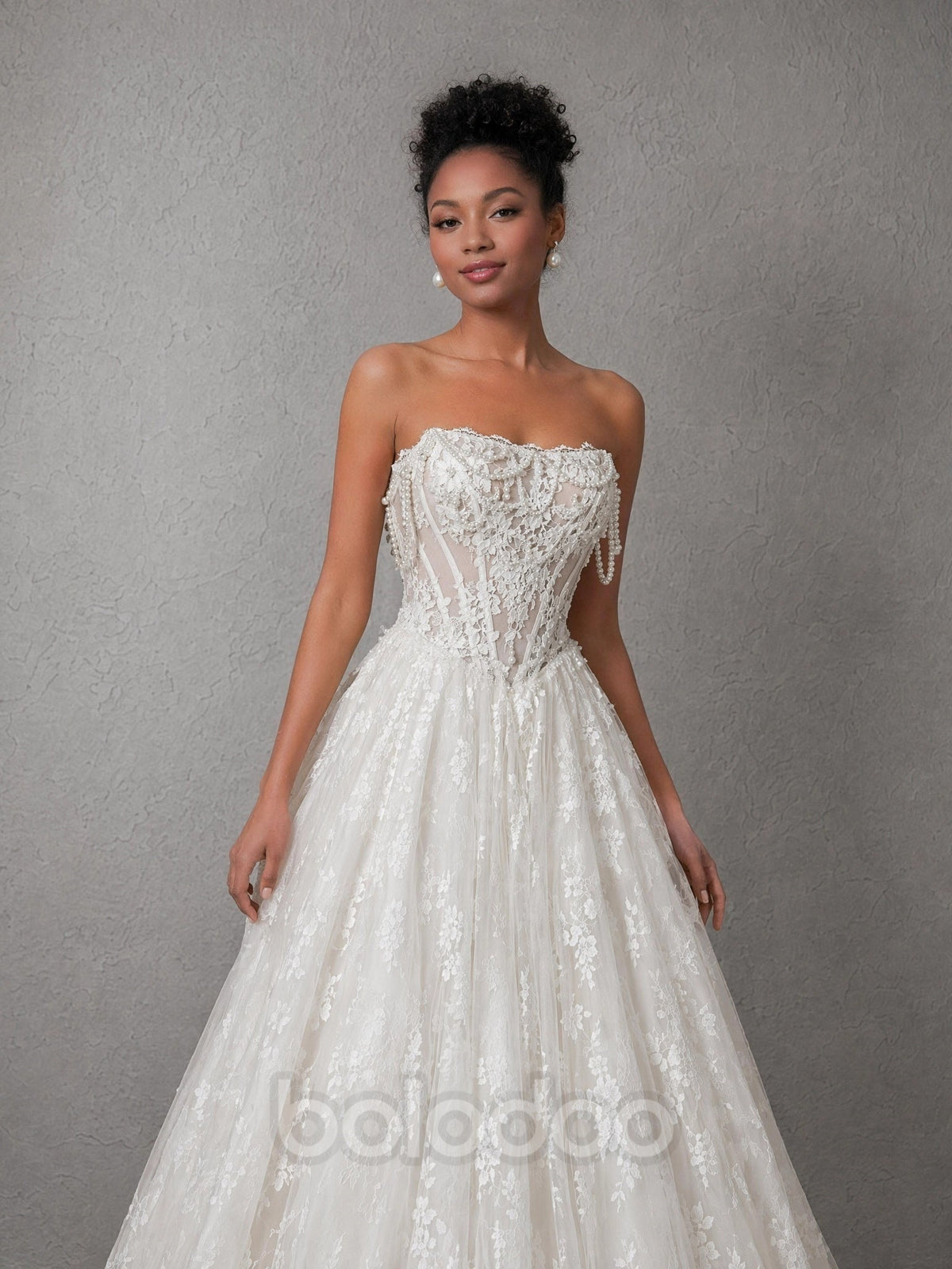 BOLODOO White Strapless Lace Embroidered Pearl Tassel Corset A-Line Wedding Gown with Train evening gown | BOLODOO watermark