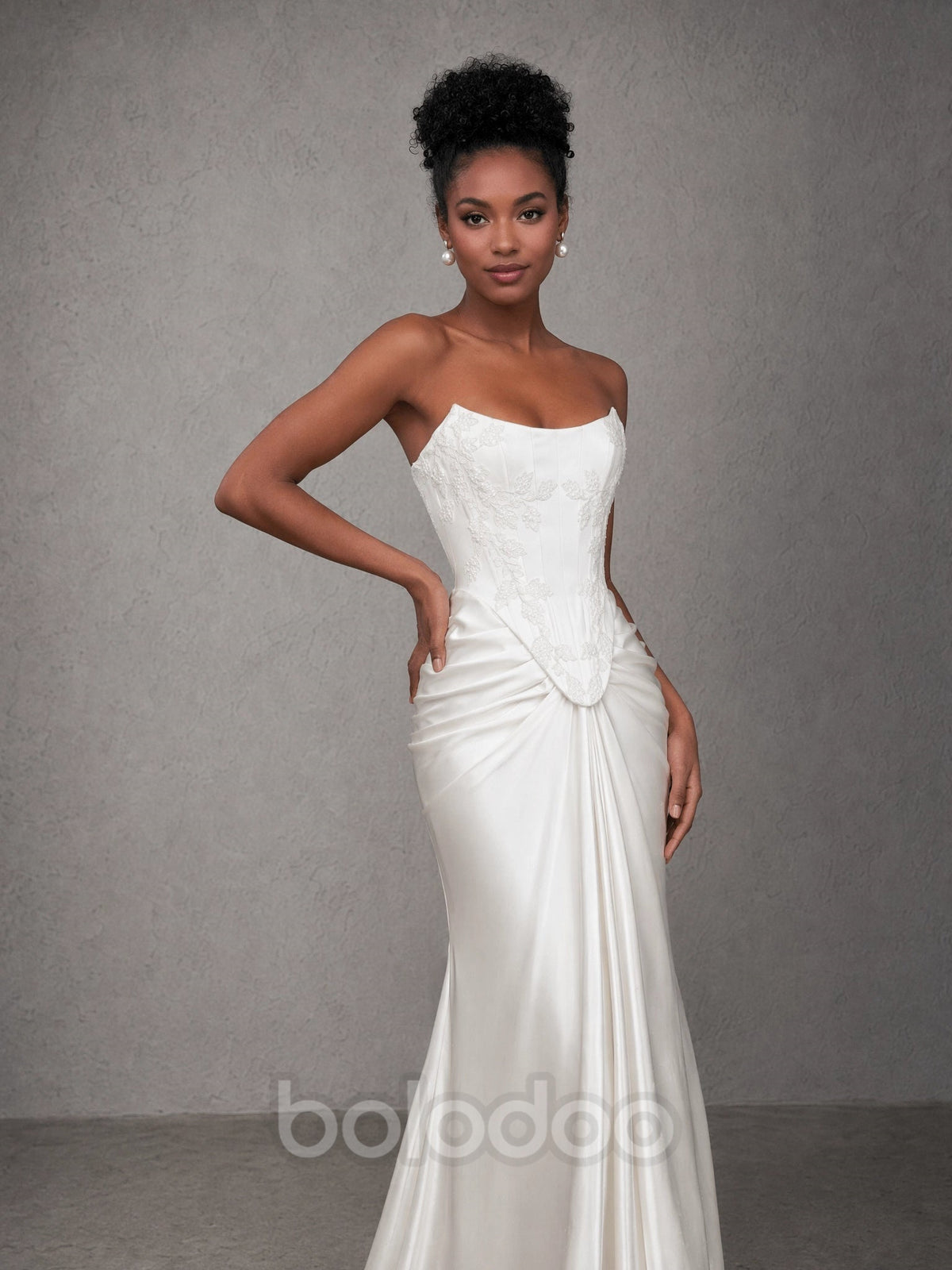 BOLODOO White Strapless Straight Neck Lace Corset Draped Satin Mermaid Wedding Gown with Slit and Train evening gown | BOLODOO watermark