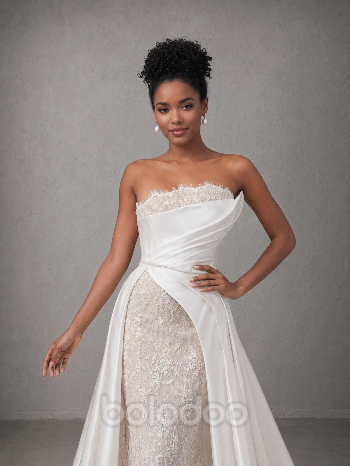 BOLODOO White Strapless Lace Trim Draped Satin Corset Lace Mermaid Wedding Gown with Detachable Satin Train evening gown | BOLODOO watermark